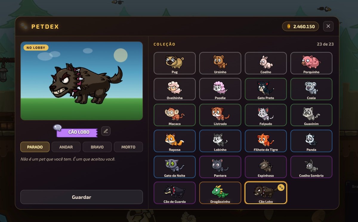 A Petdex: 23 pets, cada um com suas ações.
